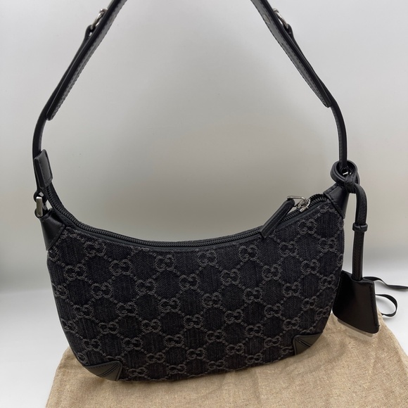 NEW GUCCI Jacquard Black Denim GG Monogram silver Horsebit Shoulder Bag Black - Picture 6 of 16